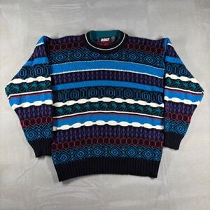 Vintage 90s Lightning Bolt Sweater Mens Large Geometric Knit Surf Retro Multi